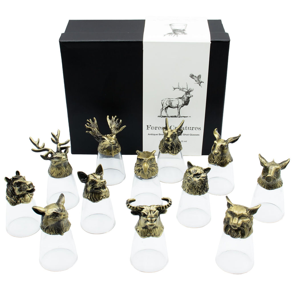 Conjunto de regalo de 12 vasos de chupito Bottom Up (25ml) - Bosque y Criaturas Místicas - Bronce Antiguo