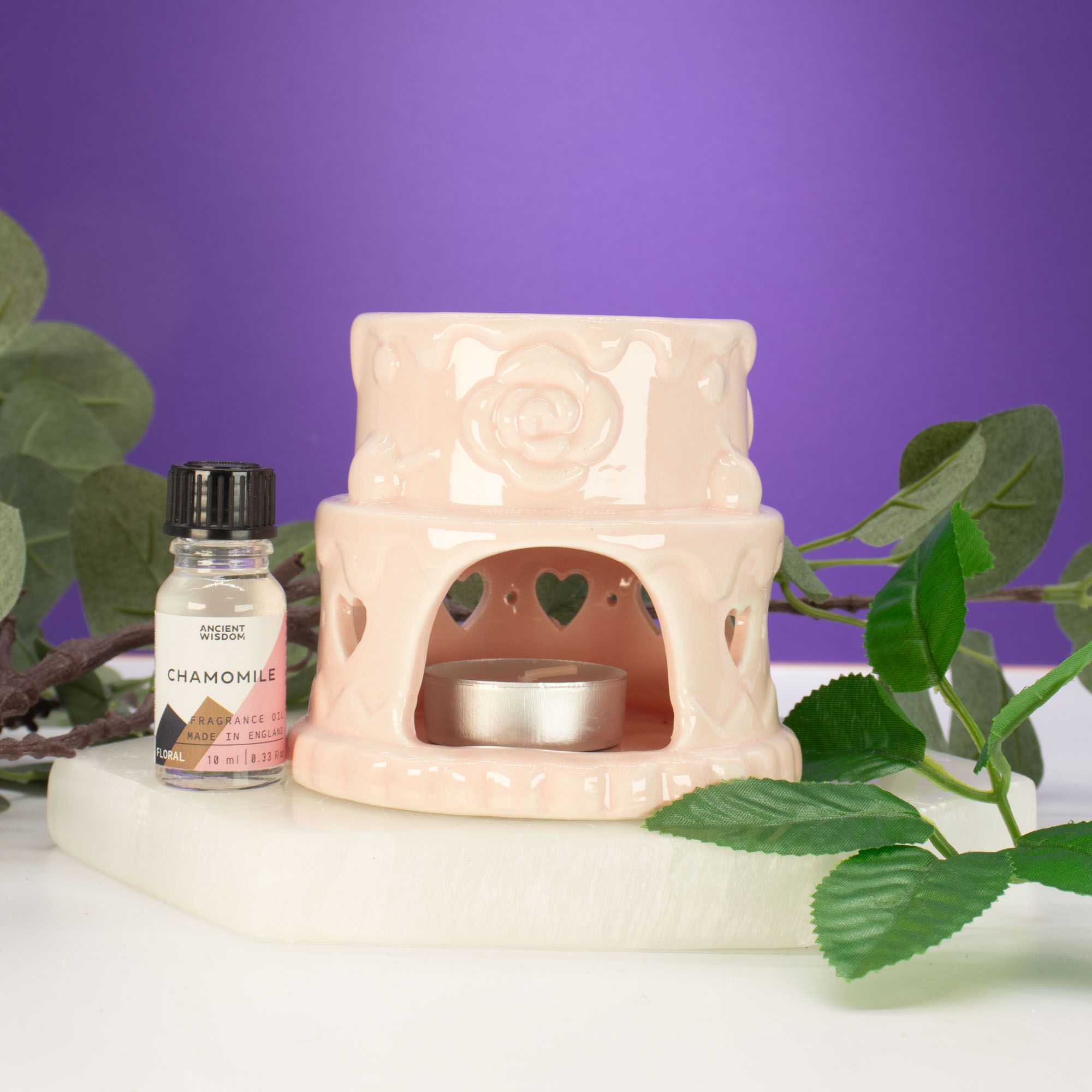 Quemador de aceite cerámico con forma de pastel - Corazones - Rosa