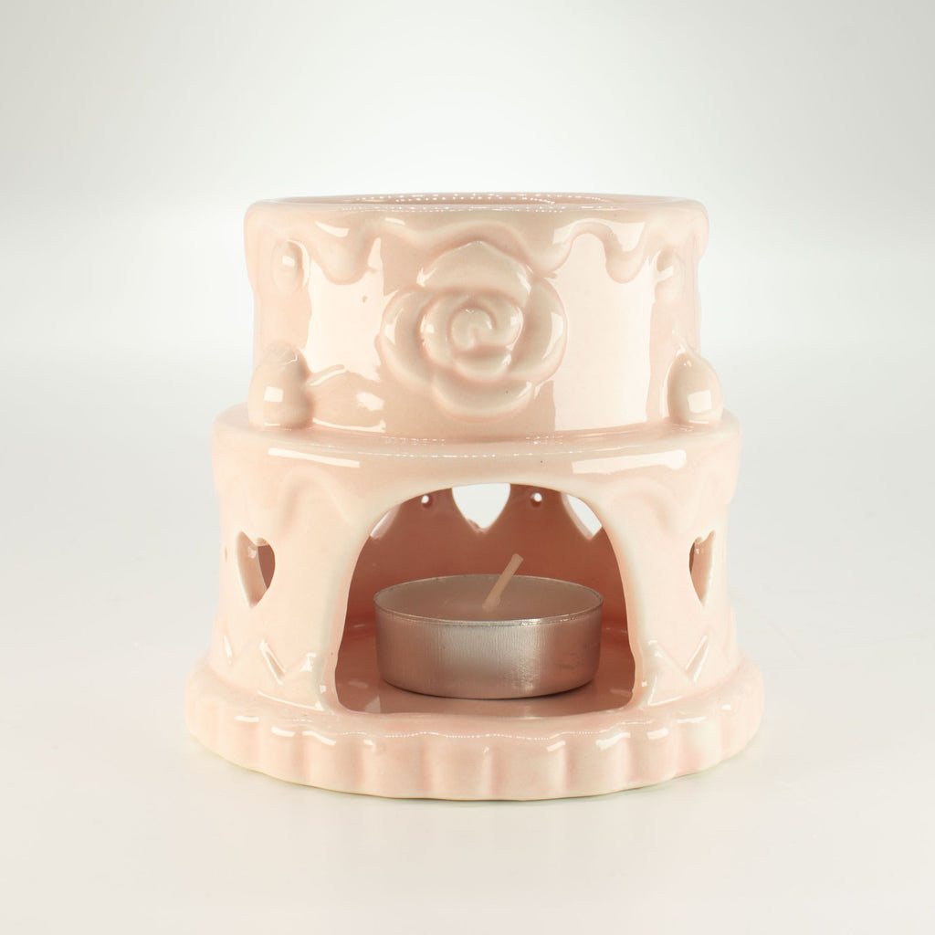 Quemador de aceite cerámico con forma de pastel - Corazones - Rosa