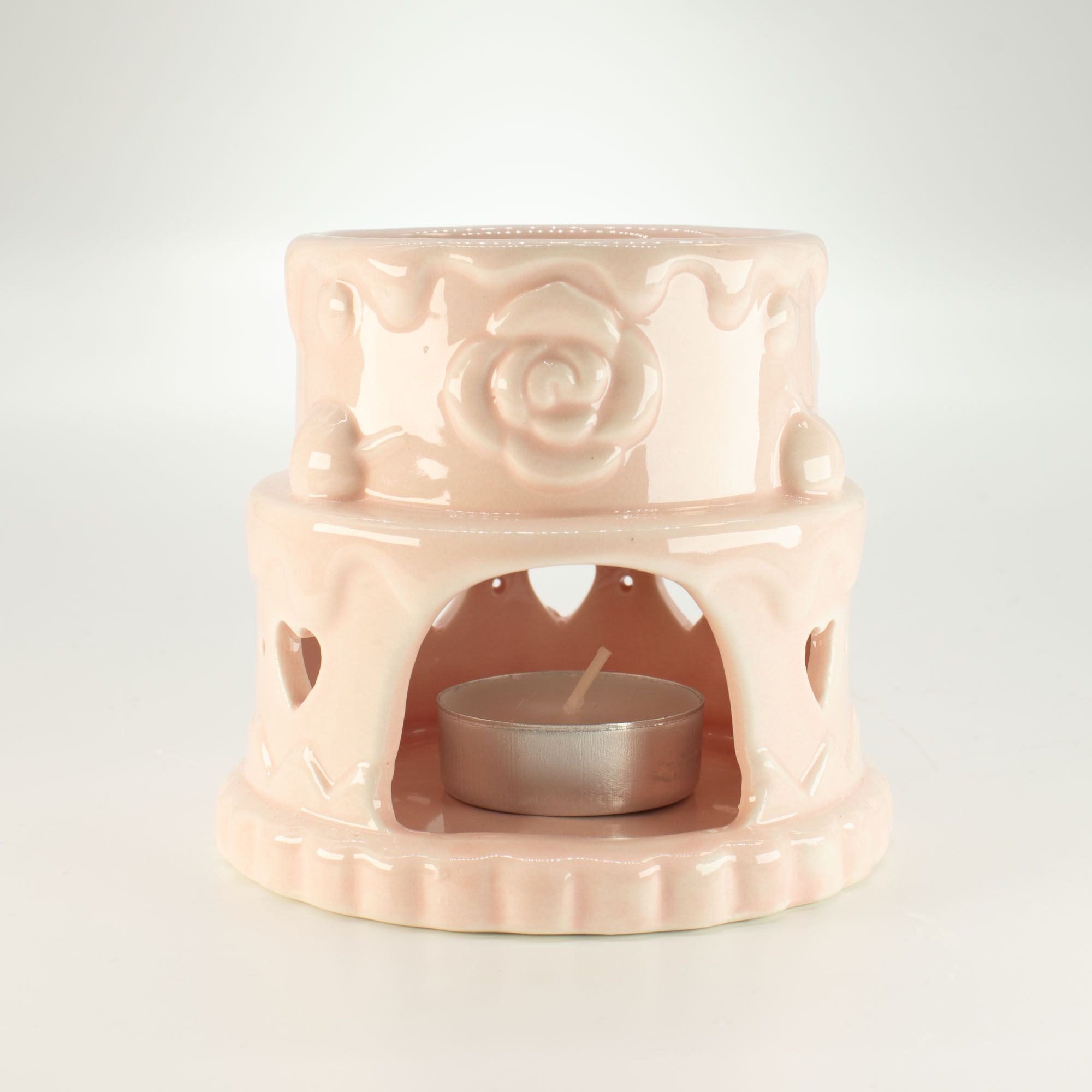 Quemador de aceite cerámico con forma de pastel - Corazones - Rosa