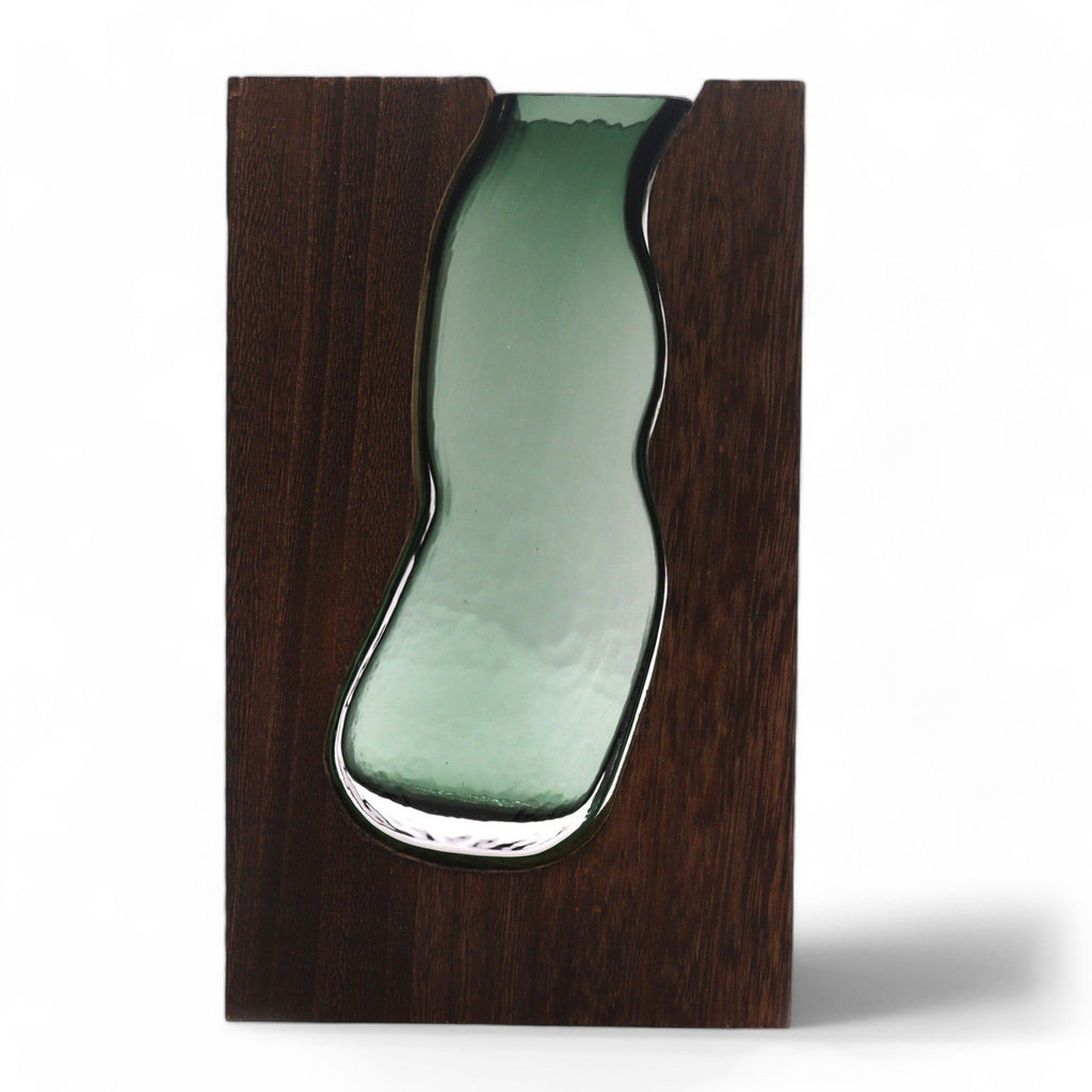 Jarron de Cristal / Terario en Madera de Tung Oscura - 14.5x5x23cm